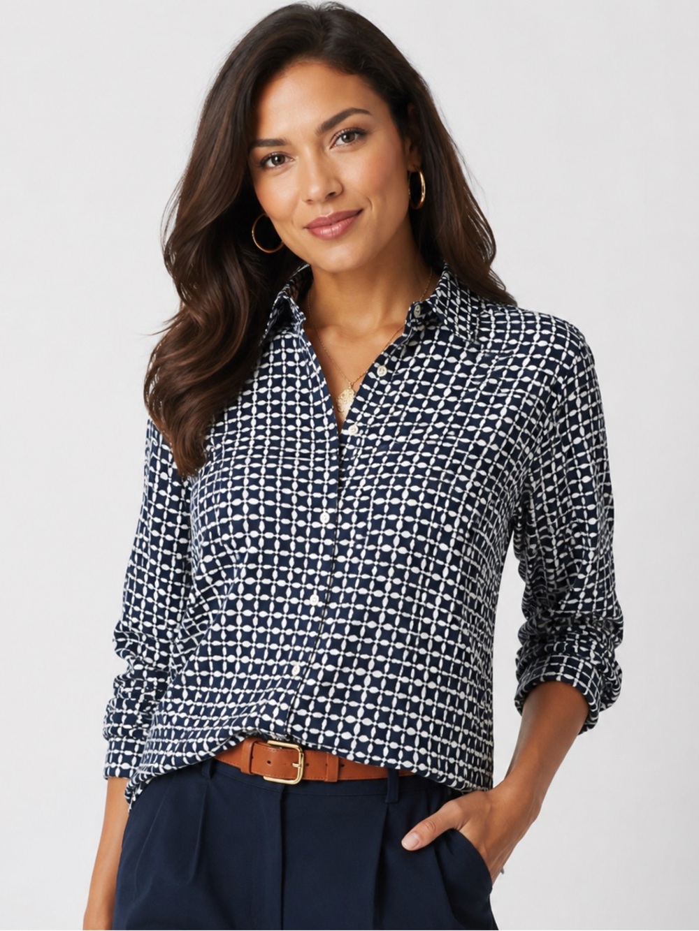 Talbots Shirt Womens Top Small Long Sleeve Button Cotton Geometric Blue Casual